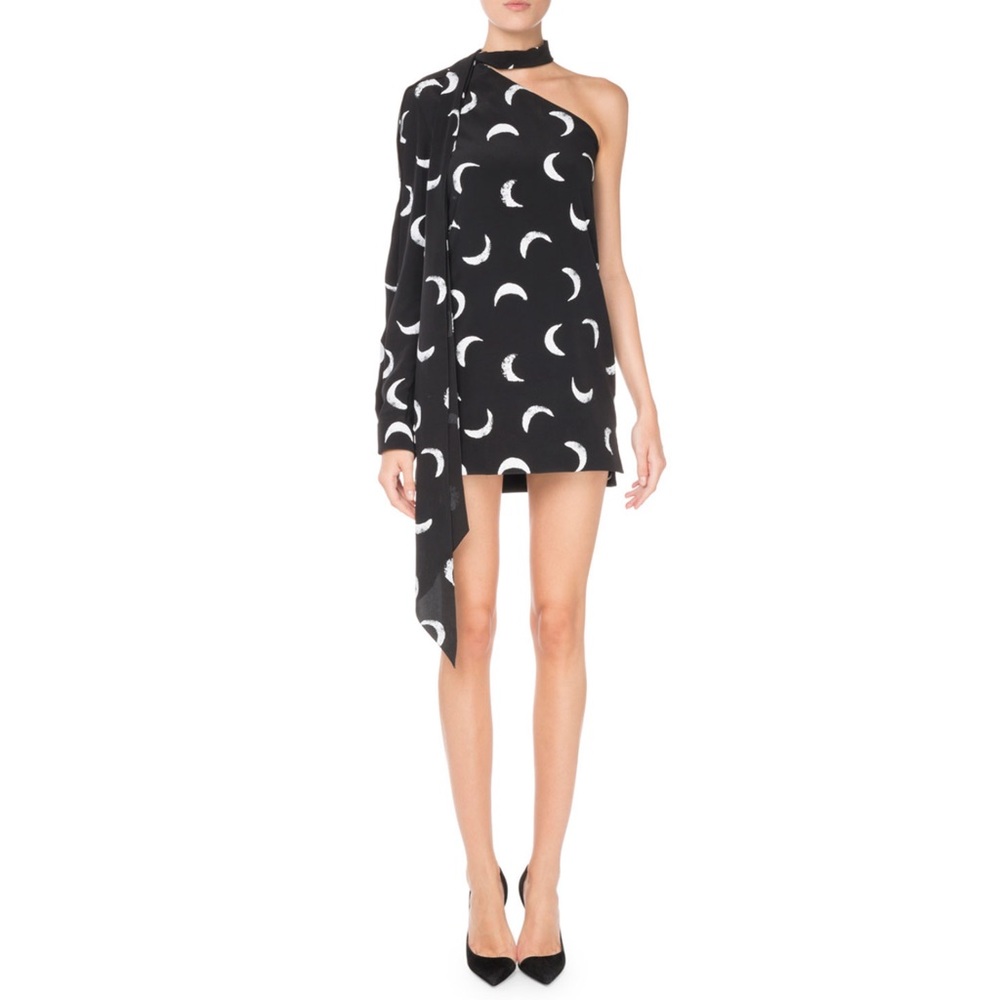 Saint Laurent Tie-Neck One-Sleeve Moon-Print Short Silk Dress